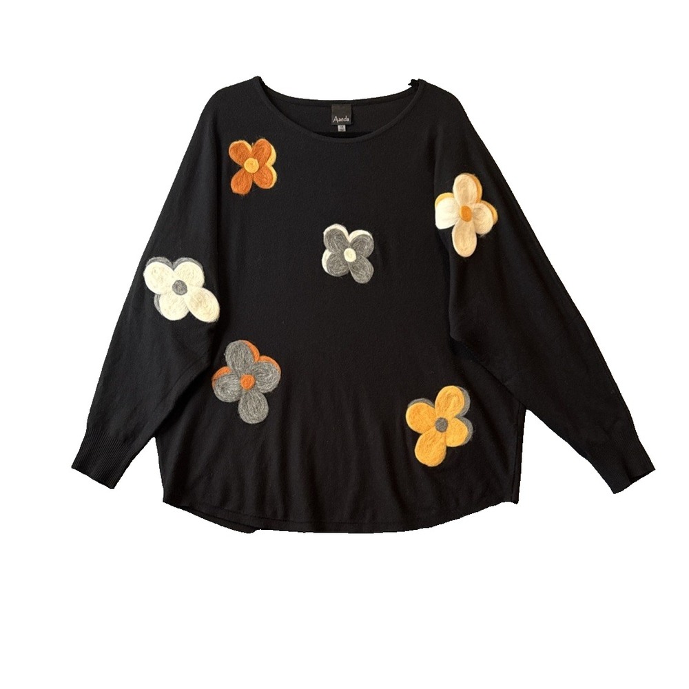 Aaeda 3D Felted Floral Applique Sweater 1X Black Dolman Artsy Cottagecore Boho